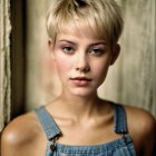 Blonde Woman in Denim Overalls on Wooden Background