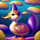 Whimsical duck with golden party hat and blue tail on golden cloud backdrop