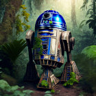 Blue and white droid in misty forest setting among lush greenery