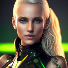 Futuristic digital art: Woman with platinum blonde hair in neon green lights