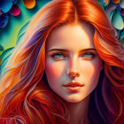 Vibrant red-haired woman with green eyes on colorful bubble background