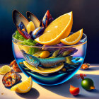 Colorful seafood still life with lemons, olives, shrimp, and spices