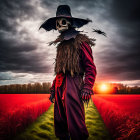 Skull-faced scarecrow in red field at sunset