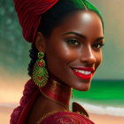 Smiling woman in red headwrap and green outfit with gold earrings