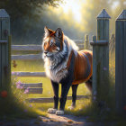 Majestic fox with striking fur near wooden gate in lush greenery