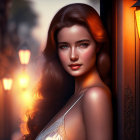 Digital illustration: Woman with flowing hair in lantern-lit street at evening