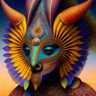 Digital artwork: Humanoid figure with ornate mask and animal-like ears in sunset sky