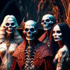 Four Individuals in Ornate Skull Makeup and Elaborate Costumes in Gothic Setting