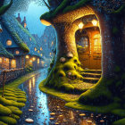 Magical cobblestone street at night with glowing lanterns, whimsical trees, moss-covered houses