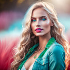 Vivid digital art portrait of a woman with blue eyes, red lips, and blond hair