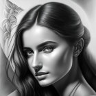 Detailed monochrome digital portrait of a woman with serene expression and flower in hair