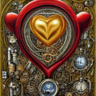 Surreal golden heart surrounded by gears and clocks on yellow background