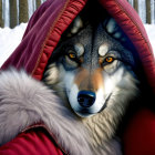 Digital Artwork: Wolf Face on Person's Body in Red Hooded Jacket