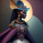 Stylized portrait of woman in royal attire against celestial backdrop