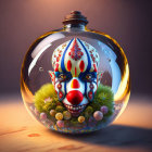 Colorful Clown Face in Glass Bubble with Greenery and Spheres