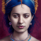 Woman with Blue Hair in Gold Headdress and Jewelry on Purple Background