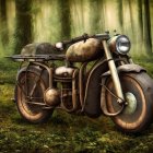 Rustic vintage motorcycle in misty forest setting