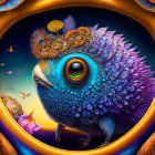 Colorful fantasy illustration of whimsical creature with oversized eye, golden gears, and purple feathers on orn