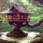 Whimsical treehouse with purple roof in misty forest landscape