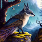 Majestic winged fox with intricate fur and feathers on mossy cliff