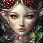 Elf digital art with holly, snowflakes, and bird