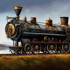 Vintage Black Steam Locomotive with Golden Accents on Railway in Barren Landscape