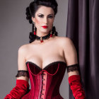 Dark-Haired Person in Vintage Style Red Corset and Satin Gloves