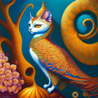 Colorful Stylized Regal Cat Illustration on Blue Background