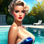 Vintage Glam Woman in Blue Swimwear by Pool