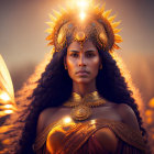 Regal woman adorned in golden jewelry and headpiece in warm, glowing light