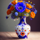 Blue and Orange Flower Bouquet in Decorative Vase on Wooden Surface