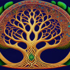 Symmetrical fractal tree with leafy border on dark blue background