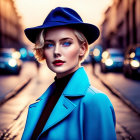 Blonde woman in blue hat and coat in city street at twilight