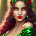 Woman with Green Eyes in Floral Headpiece and Red Earrings, Golden Glow