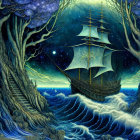 Majestic sailing ship on starry night sea with ancient trees and mystical staircase