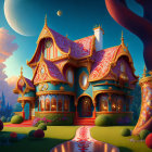 Colorful Fantasy House with Two Moons and Fairy-Tale Castle View