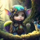 Fantasy artwork of creature in armor with large ears and mythical deer in enchanted forest