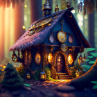 Enchanting fairytale house in mystical forest with warm lights