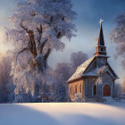 Snow-covered trees surround quaint wooden church under sunrise glow