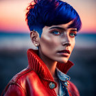 Portrait of a person with blue hair and striking eyes in red leather jacket.