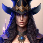 Woman with Blue Hair in Ornate Blue Robe and Hat with Gem Necklace