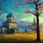 Traditional church surrounded by blooming cherry trees under vibrant sky