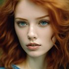 Portrait of woman with red curly hair, blue eyes, freckles, neutral expression, wearing blue