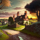 Thatched cottages in rustic village at sunset