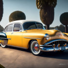 Vintage Yellow 1950s Car with Chrome Details and White-Wall Tires parked in Sunny Setting