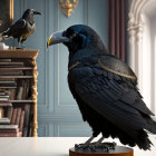 Detailed indoor image: two ravens, one perched on a stand, intricate textures, classic library