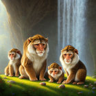 Anthropomorphic monkey family by waterfall in lush setting