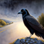 Black raven on rocks at sunrise with mist and trees in background