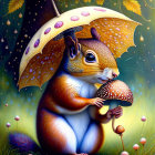 Detailed Illustration of Squirrel with Mushroom under Leaf Umbrella in Rainy Setting