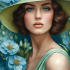 Digital portrait of woman with wavy hair in wide-brimmed hat and green shawl